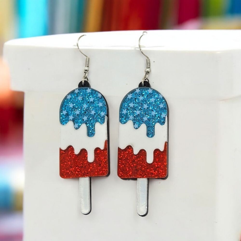 Glittery Patriotic Popsicle Earrings Red White Blue